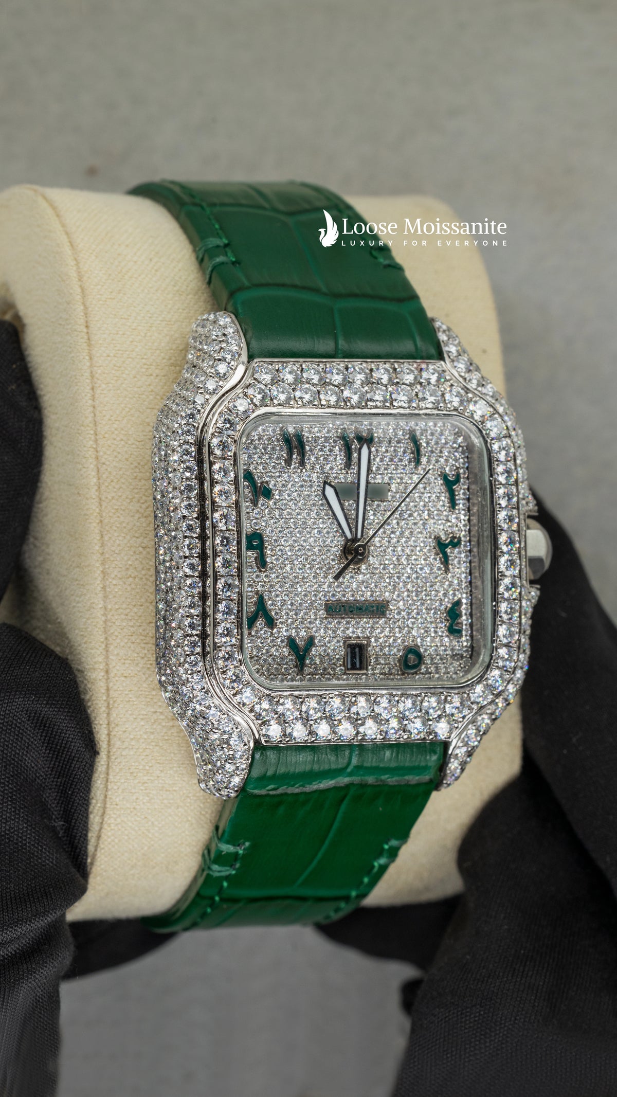 Side angle of arabic white dial green leather belt moissanite watch | 41 mm