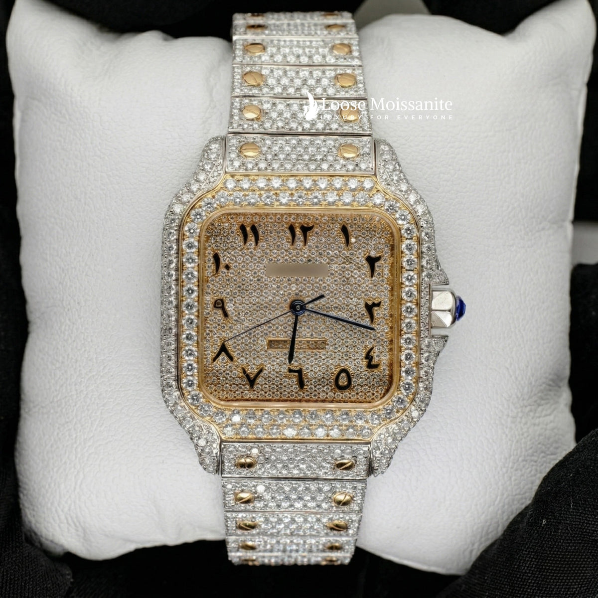 Front view of arabic dial moissanite watch for women | 36 mm | yellow gold tone