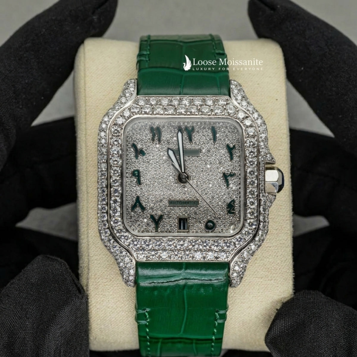 Front view of arabic white dial green leather belt moissanite watch | 41 mm