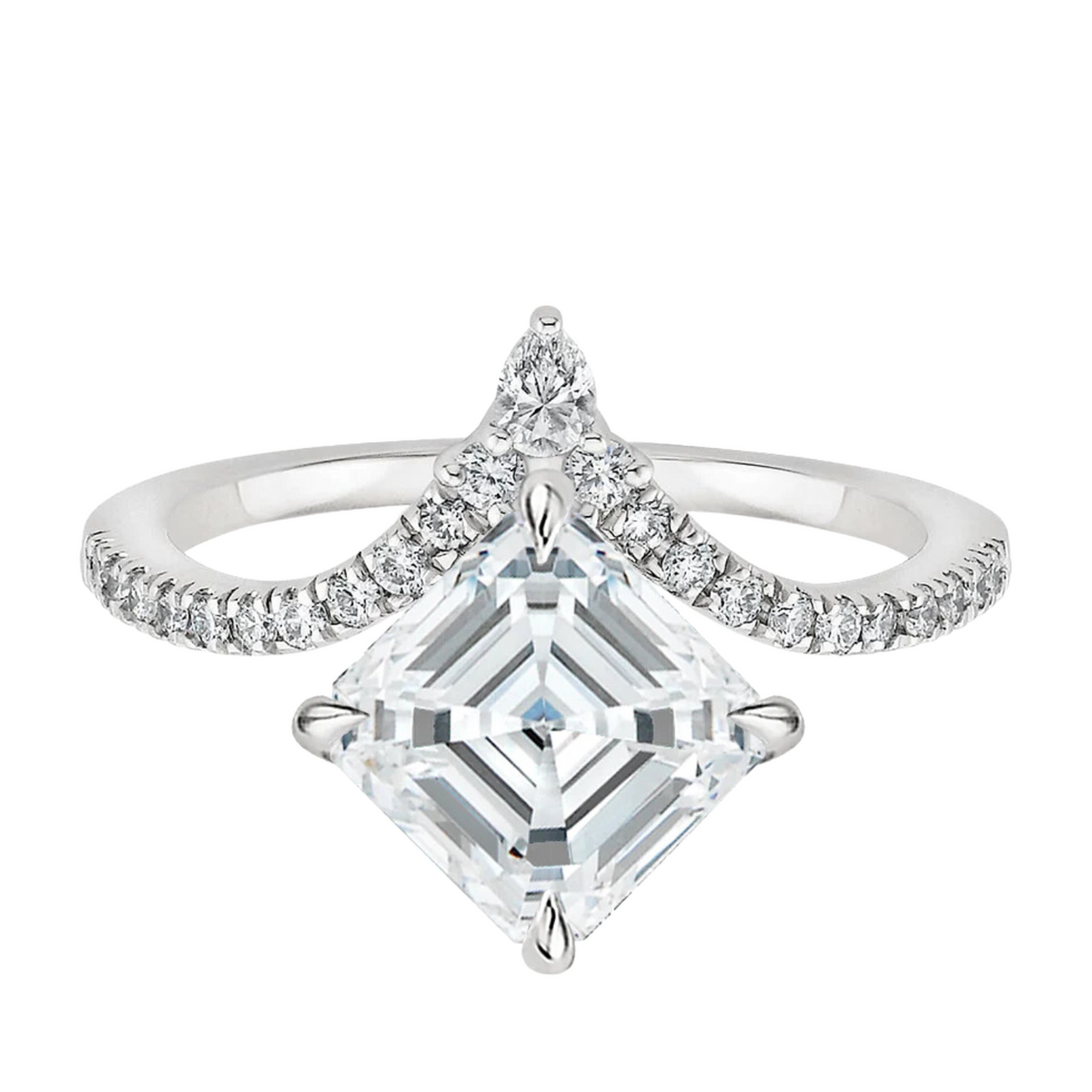 2 carat asscher cut curved moissanite ring in yellow gold