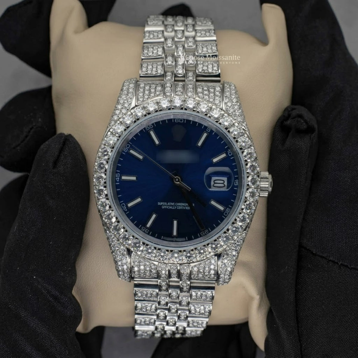Front view of blue face dial moissanite diamond watch | 41mm