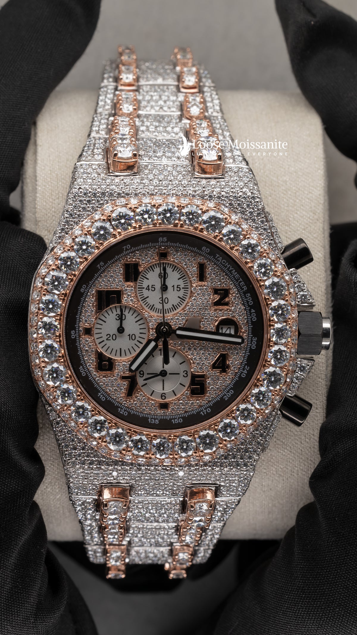 Front view of bust down stainless steel moissanite watch 41 mm rose gold tone