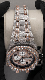 Load image into Gallery viewer, Close up View Of Bust Down Stainless Steel Moissanite Watch 41 MM Rose Gold Tone