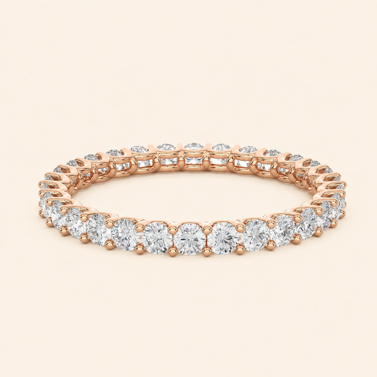 Front view of shared prong eternity band