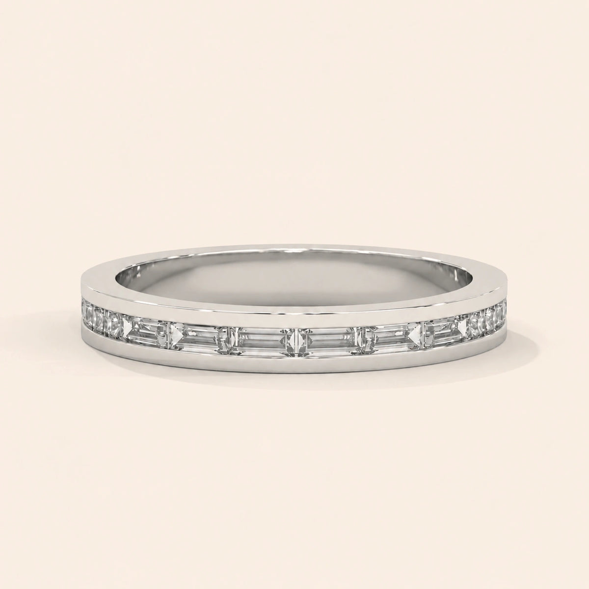 Front view of baguette wedding bands for women