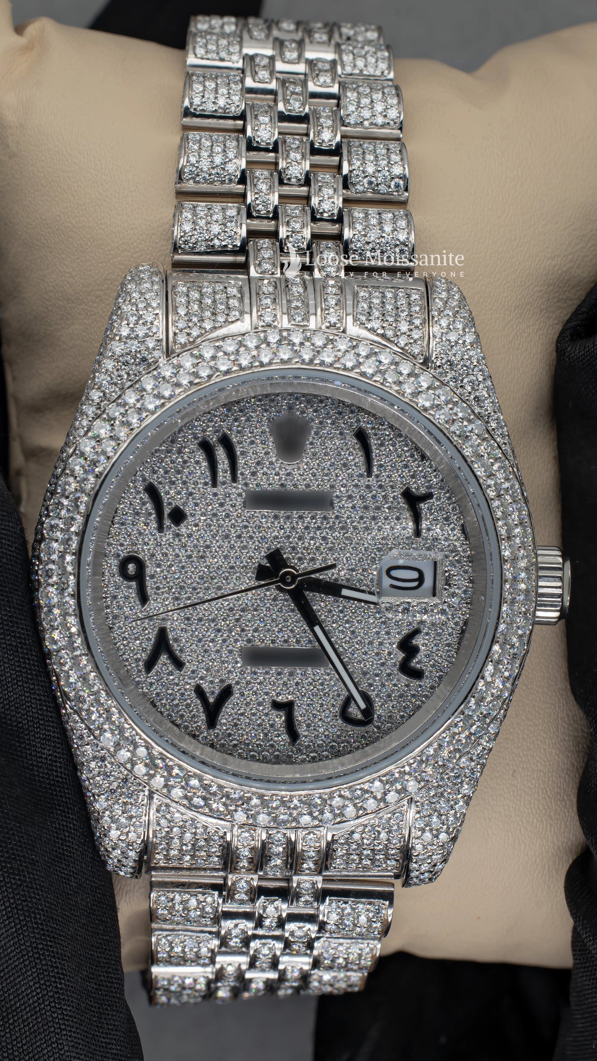 Fornt view of datejust full iced out moissanite watch