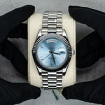 Load image into Gallery viewer, Front View Of Day-Date Sky Blue Dial Stainless Steel Plain Watch | 41 MM