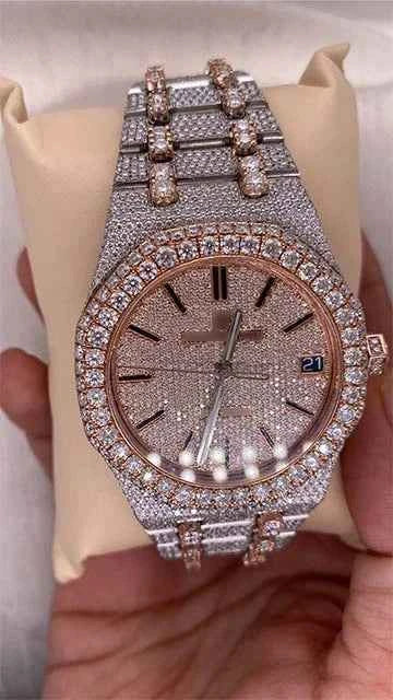 Side angle of iced out ap moissanite watch