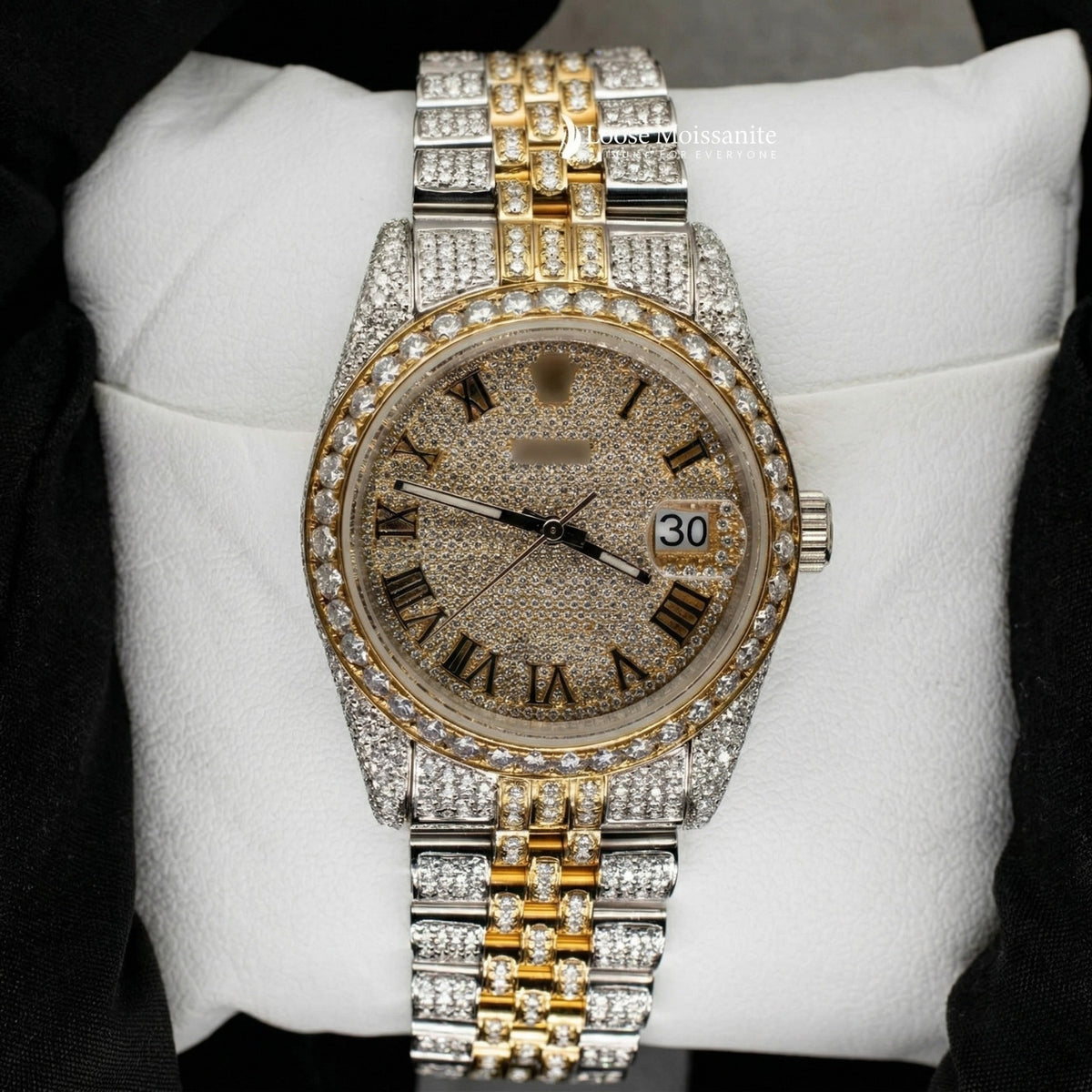 Front view of jubilee style date just moissanite watch | 36 mm | yellow gold tone