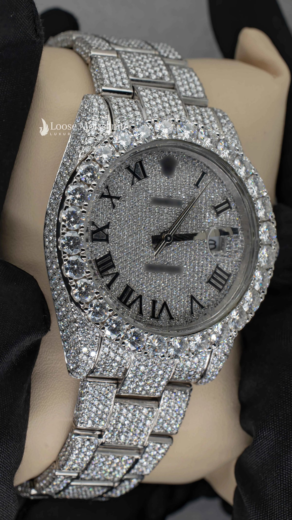 Side view of roman dial moissanite presidential watch for men | 41 mm