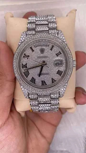 Front view of moissanite presidential watch for men | 41 mm