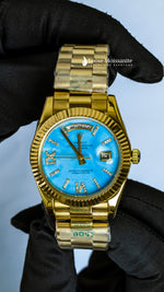 Load image into Gallery viewer, Front View Of Oyster Perpetual Day-Date Sky Blue Dial Plain Watch In Yellow Gold