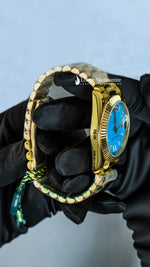 Load image into Gallery viewer, Side Angle View Of Oyster Perpetual Day-Date Sky Blue Dial Plain Watch In Yellow Gold