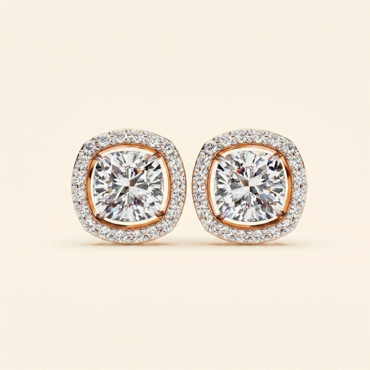 Front view of cushion halo stud earrings