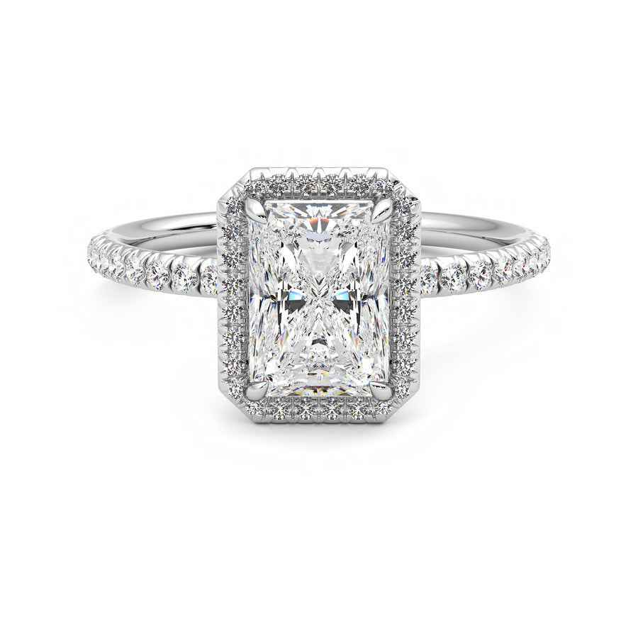 Radiant cut moissanite halo engagement ring in white gold