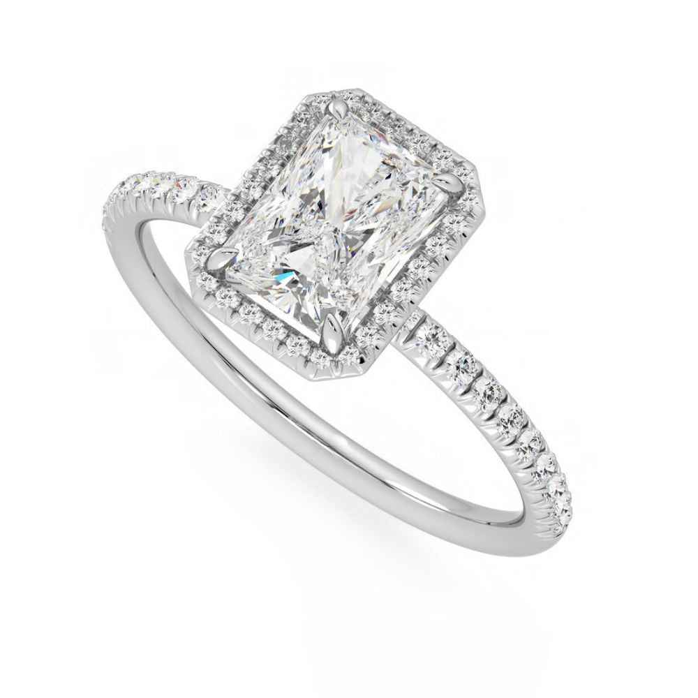 Radiant cut moissanite halo engagement ring in white gold