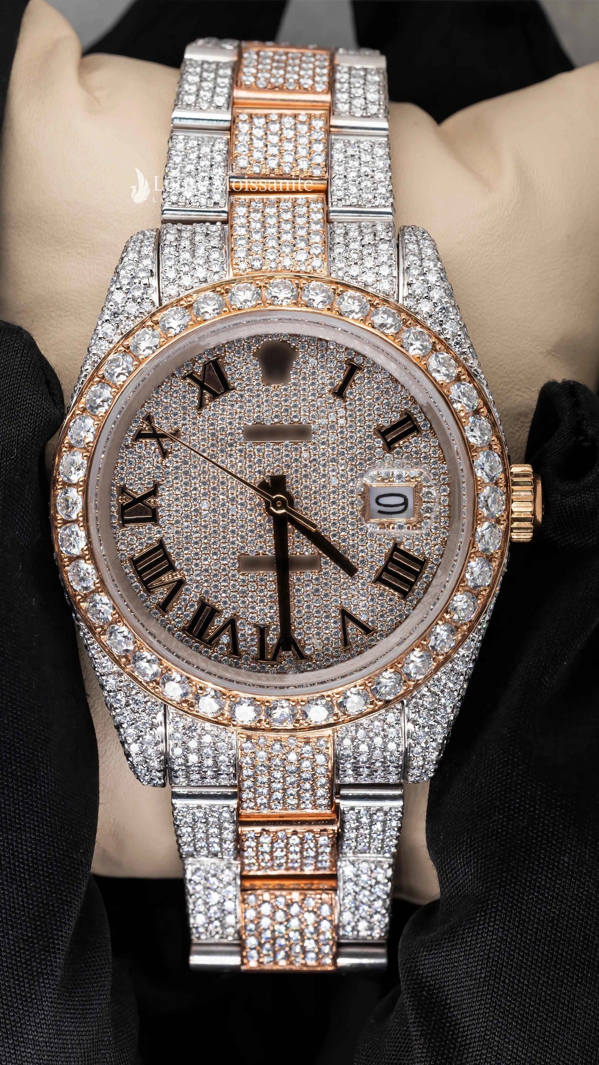 Front view of roman dial moissanite presidential watch | 41 mm | rose gold tone