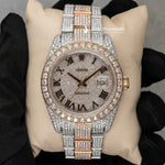 Load image into Gallery viewer, Front View Of Roman Dial Moissanite Presidential Watch | 41 MM | Rose Gold Tone