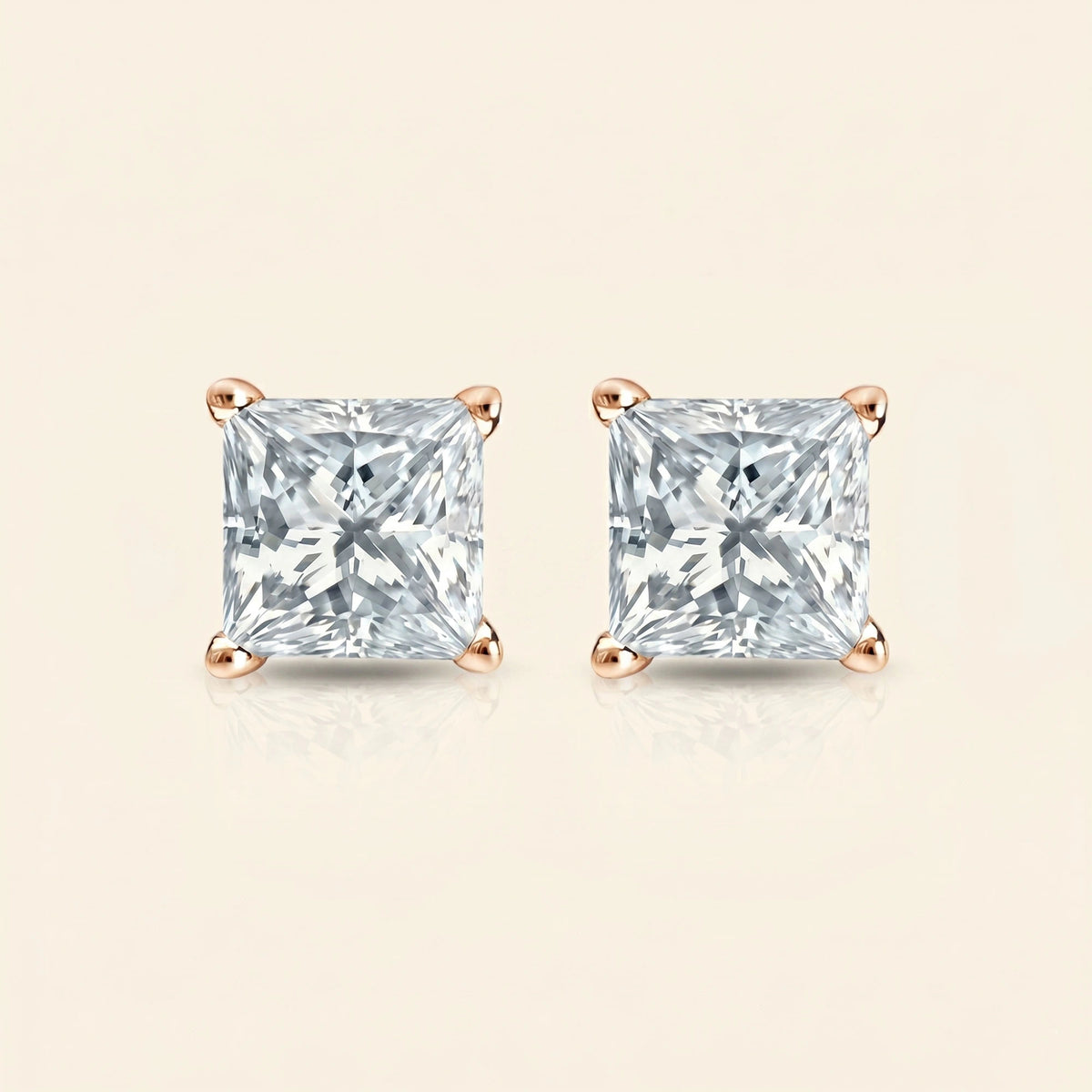 Front view of princess cut stud earrings