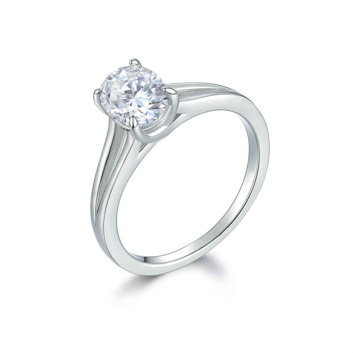 1 carat oval cut split shank solitaire moissanite ring in white gold