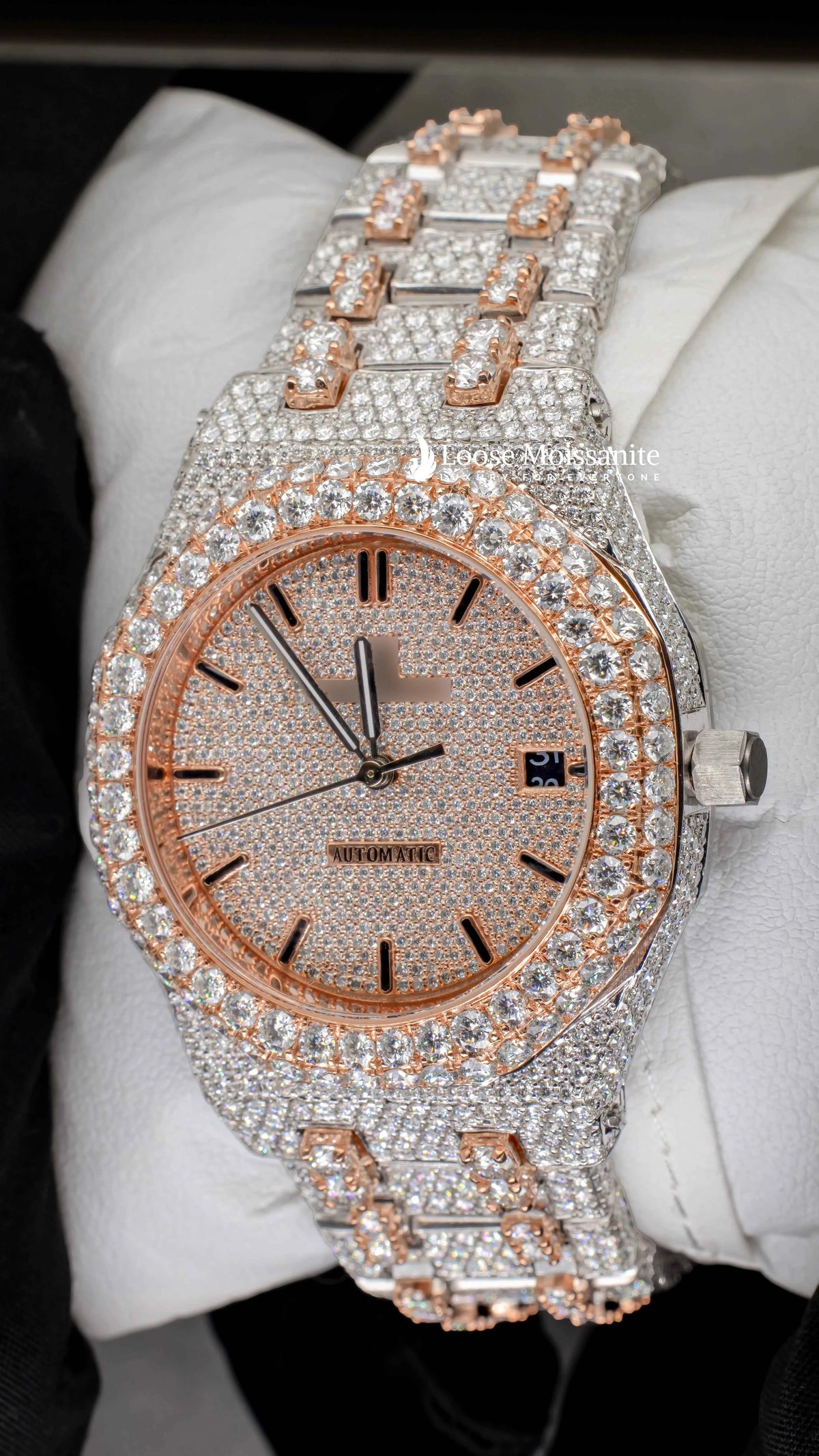 Side angle of two tone ap women moissante watch | 36 mm | rose gold tone