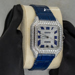 Load image into Gallery viewer, Side View Of Arabic White Dial Blue Leather Belt Moissanite Watch | 41 MM