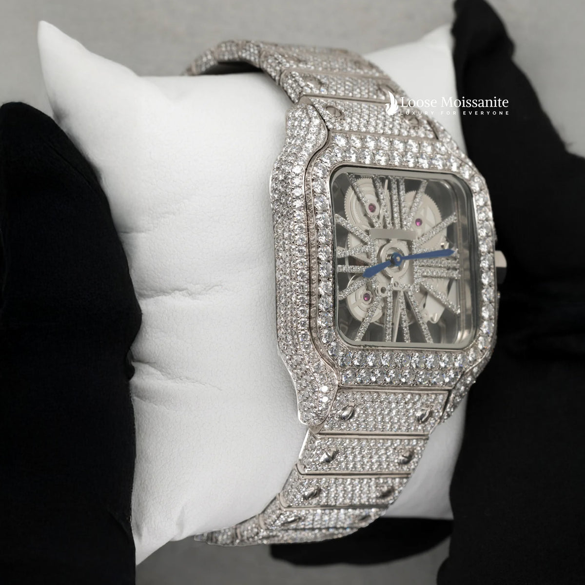 Side view of moissanite skeleton watch