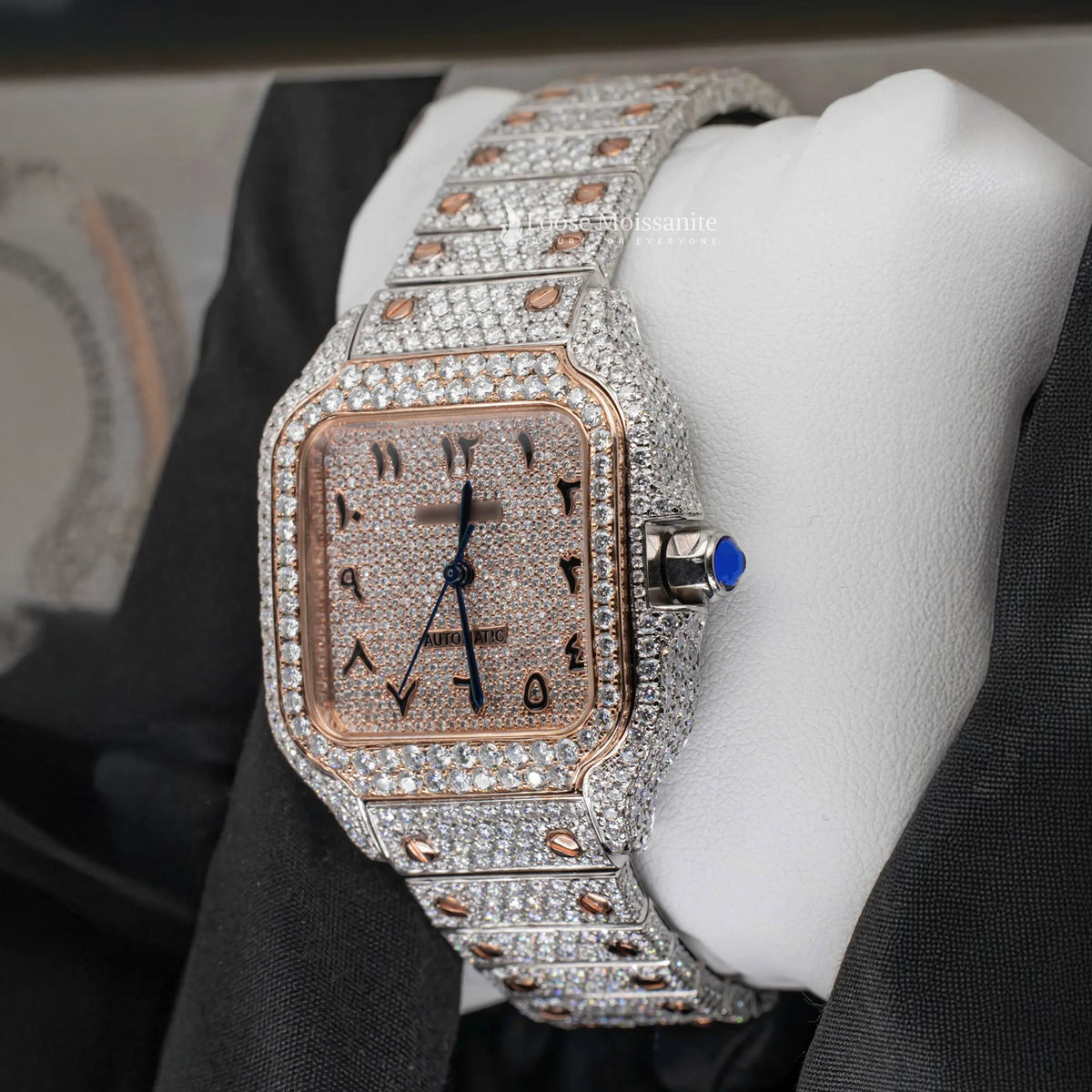 Side view of arabic dial moissanite watch for women | 36 mm