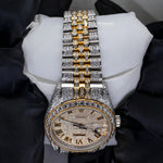 Load image into Gallery viewer, Close Up View Of Jubilee Style Date Just Moissanite Watch | 36 MM | Yellow Gold Tone