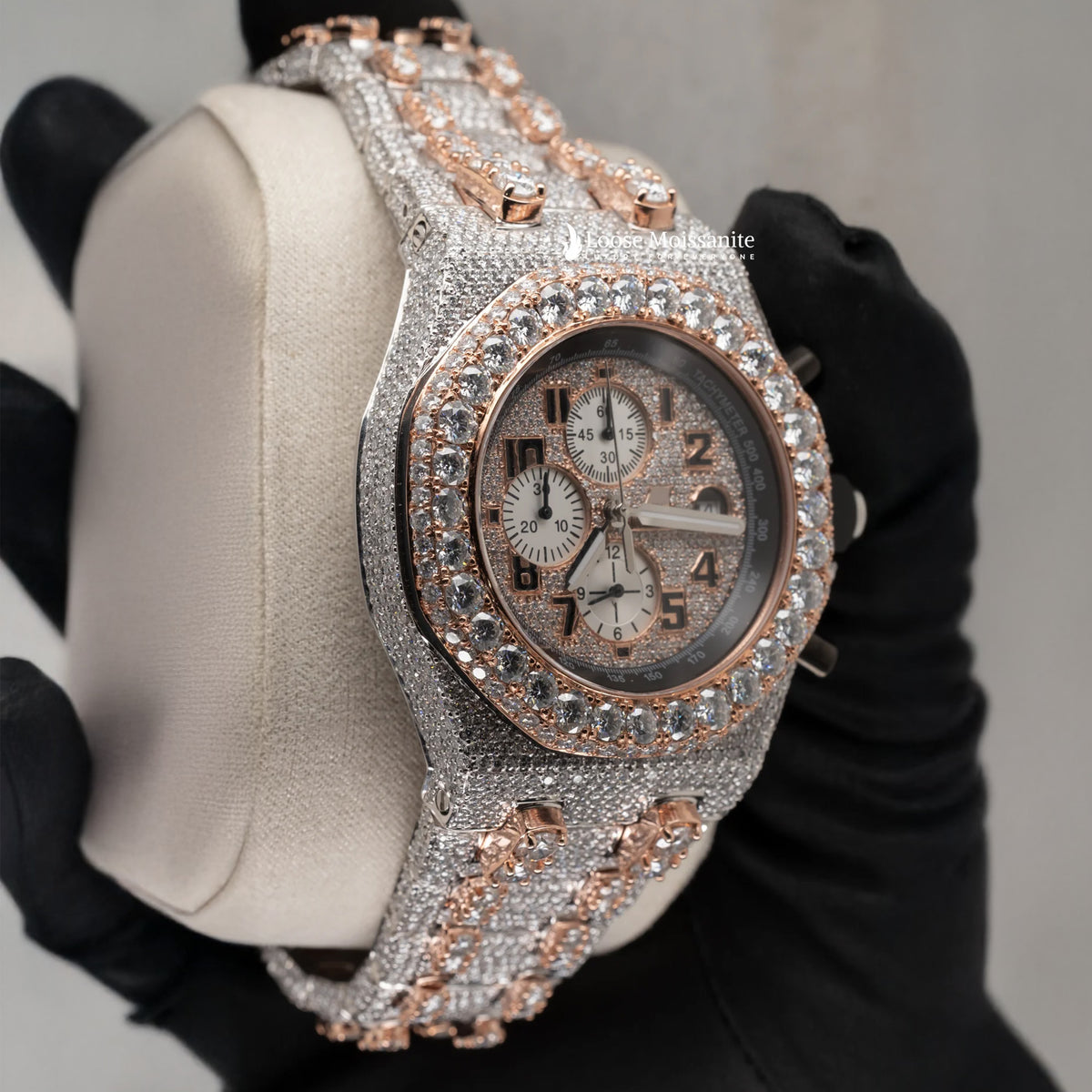 Side view of bust down stainless steel moissanite watch | 41 mm | rose gold tone