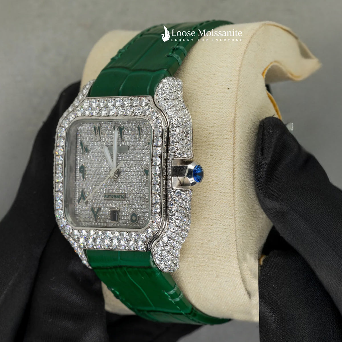 Side view of arabic white dial green leather belt moissanite watch | 41 mm
