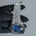 Load image into Gallery viewer, Close Up View Of Day-Date Blue Dial Stainless Steel Plain Watch