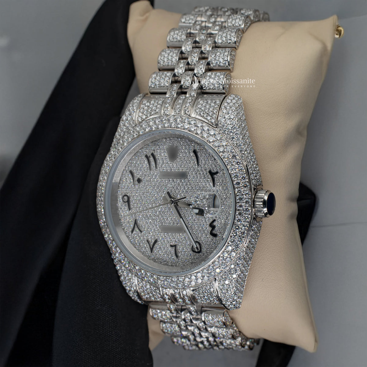 Side view of datejust full iced out moissanite watch