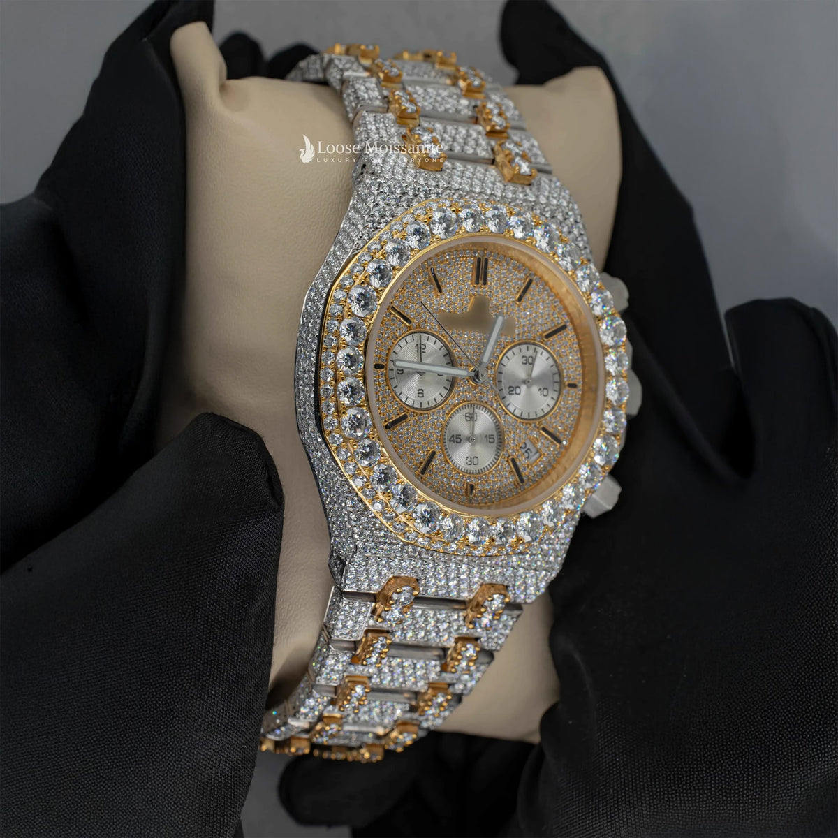 Side view of ap moissanite hip hop watch | 41 mm | yellow gold tone