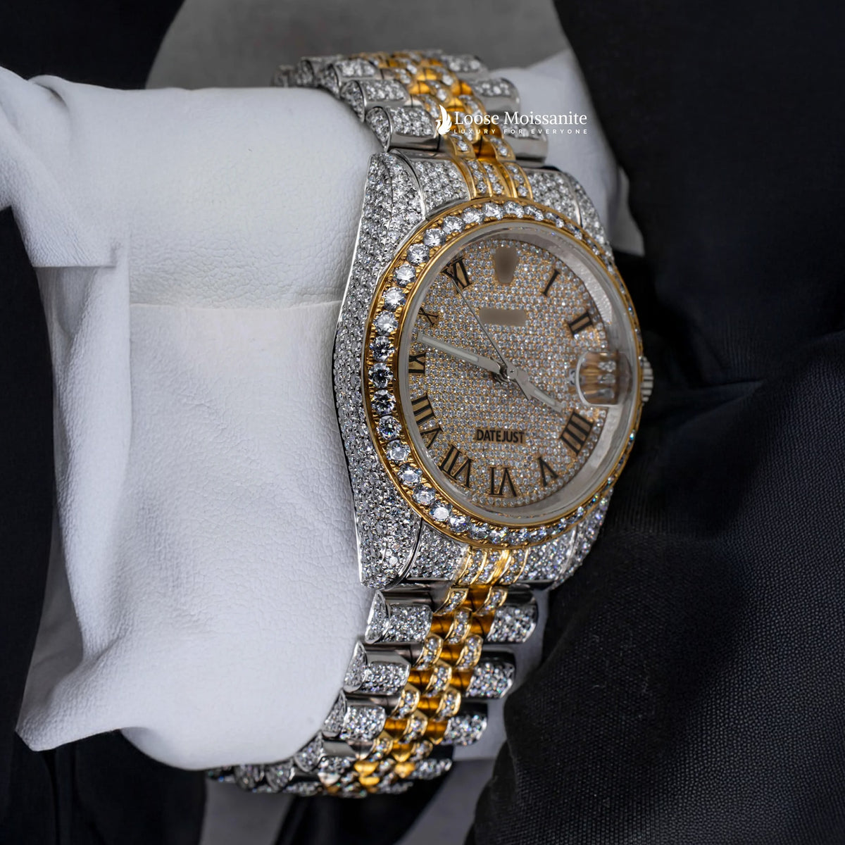 Side view of jubilee style date just moissanite watch | 36 mm | yellow gold tone