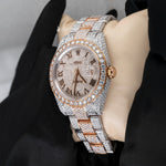 Load image into Gallery viewer, Side View Of Roman Dial Moissanite Presidential Watch | 41 MM | Rose Gold Tone