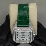 Load image into Gallery viewer, Close Up View Of Arabic White Dial Green Leather Belt Moissanite Watch | 41 MM