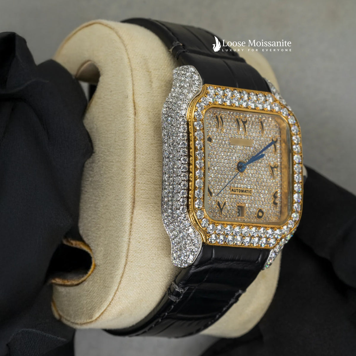 Side view of arabic yellow dial black leather belt moissanite watch | 41 mm
