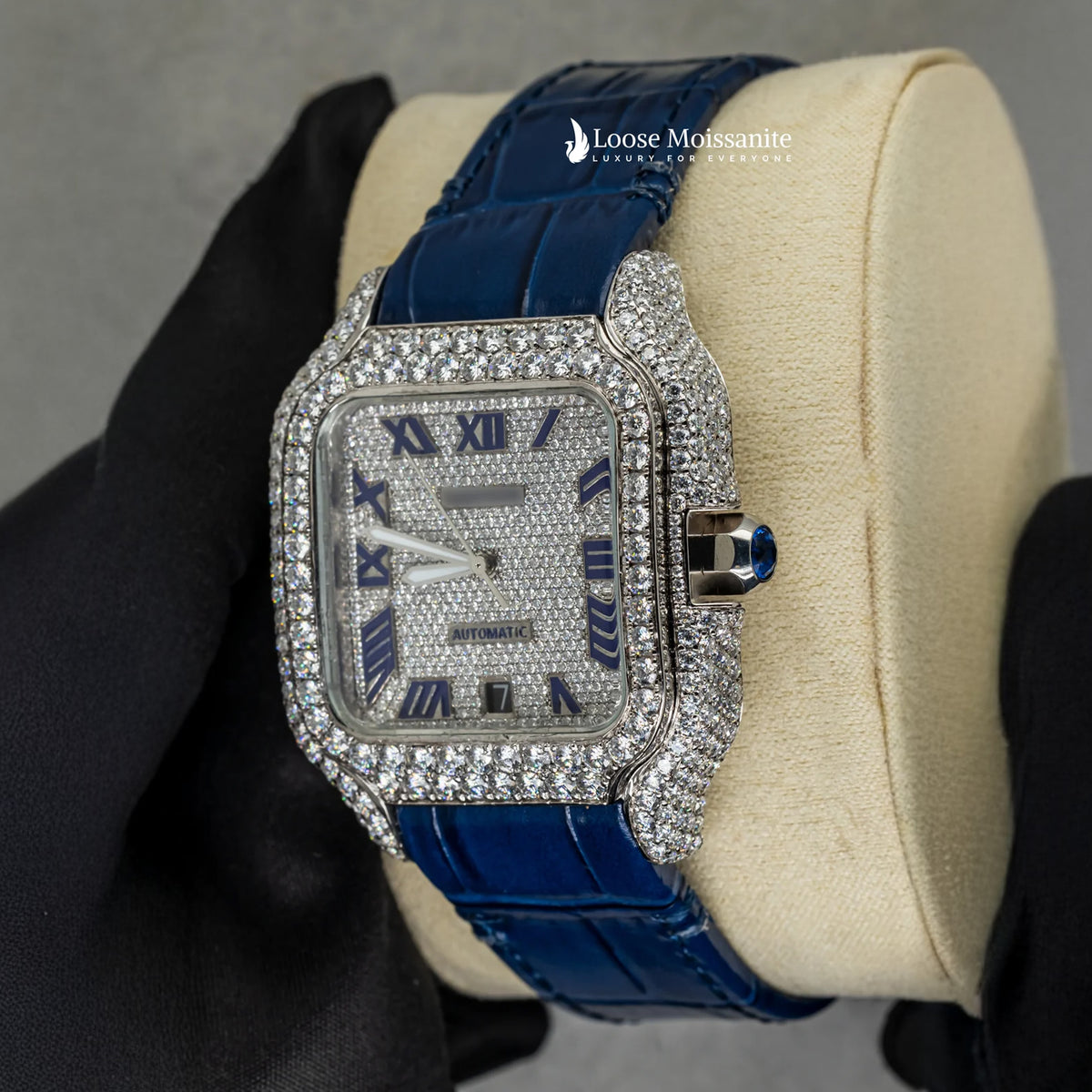 Side view of arabic white dial blue leather belt moissanite watch | 41 mm