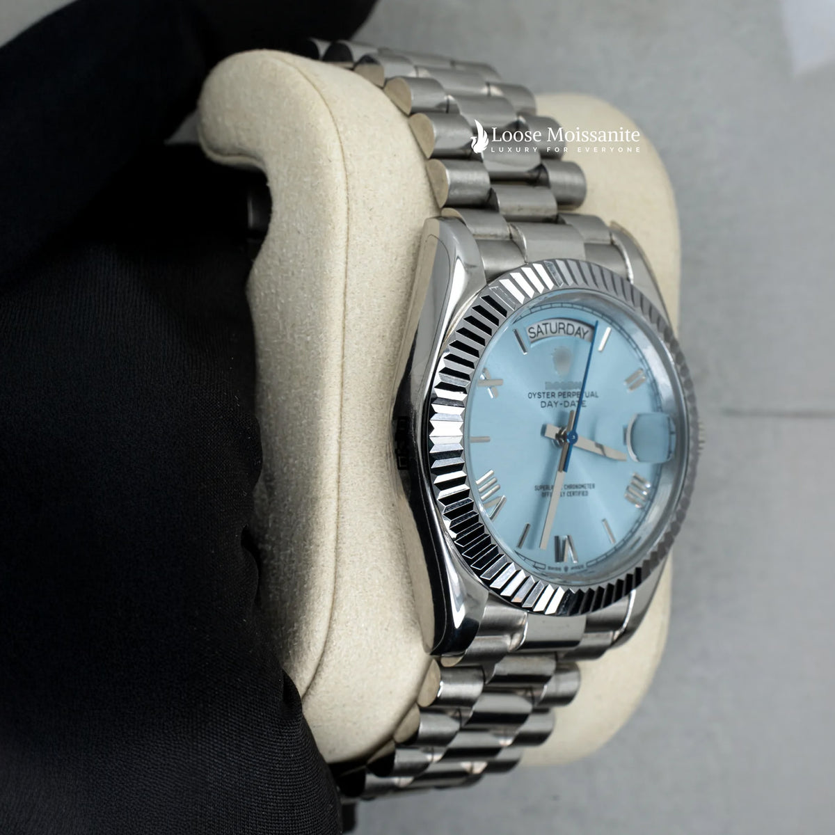 Side view of day date sky blue dial stainless steel plain watch | 41 mm