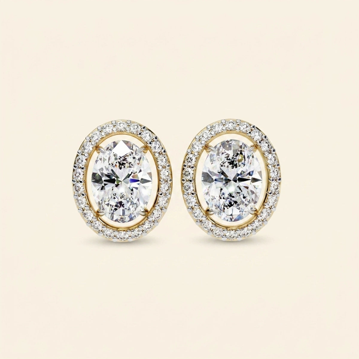 Front view of oval halo stud earrings