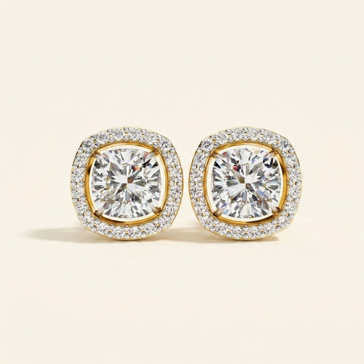 Front view of cushion halo stud earrings