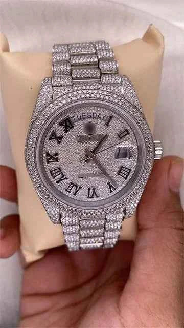 Front view of bust down moissanite watch swiss made