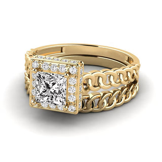 1.50 Carat Princess Moissanite Unique Bridal Set Ring in Yellow Gold
