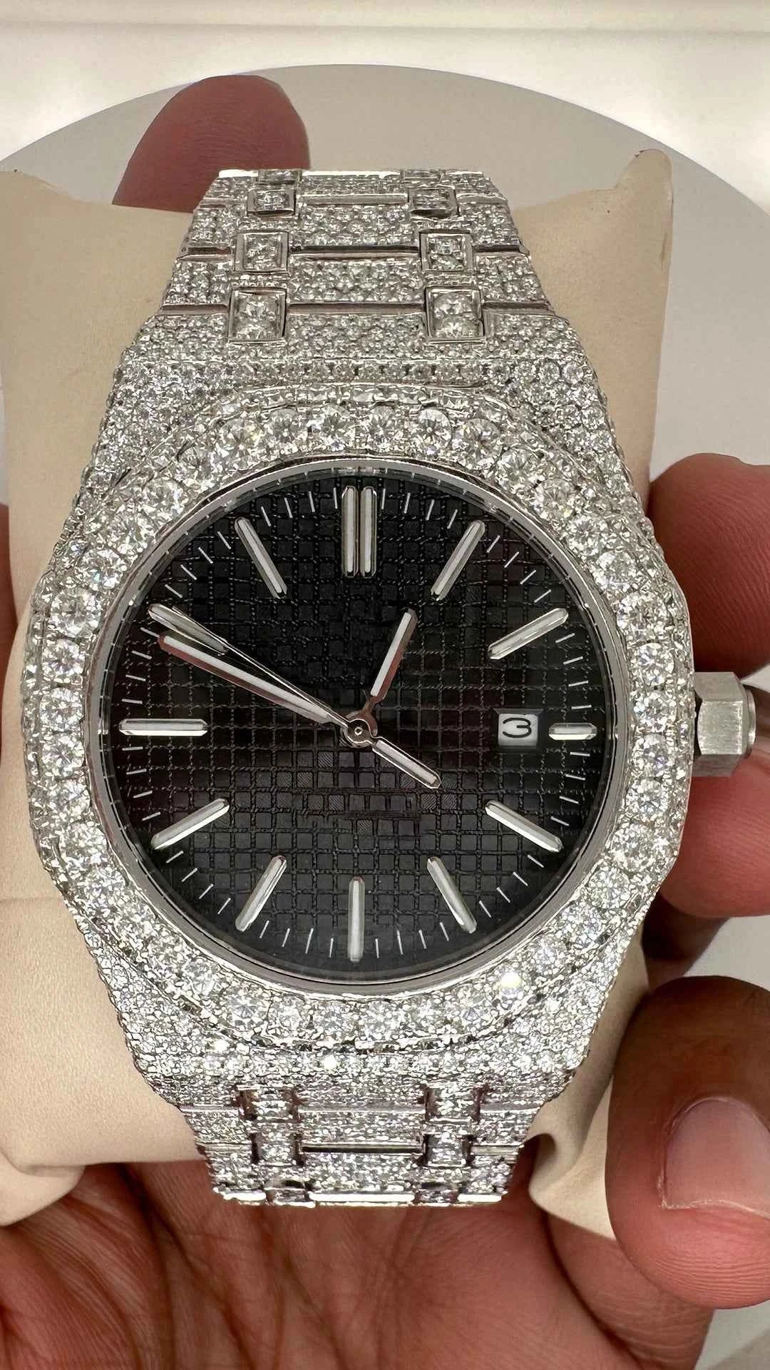 Front view of bust down ap moissanite watch