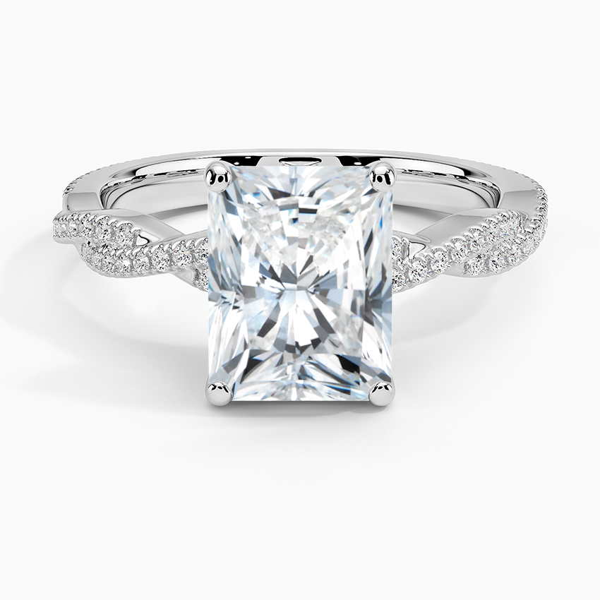 2 carat radiant cut criss cross moissanite ring in white gold