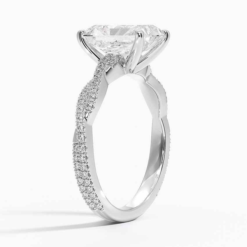 2 carat radiant cut criss cross moissanite ring in white gold