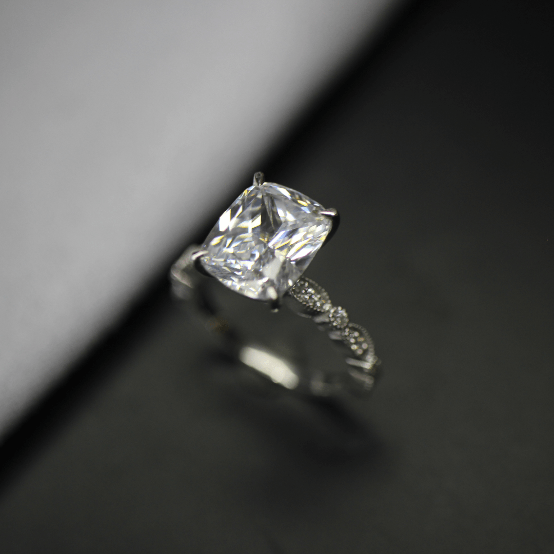 Elongated cushion moissanite ring