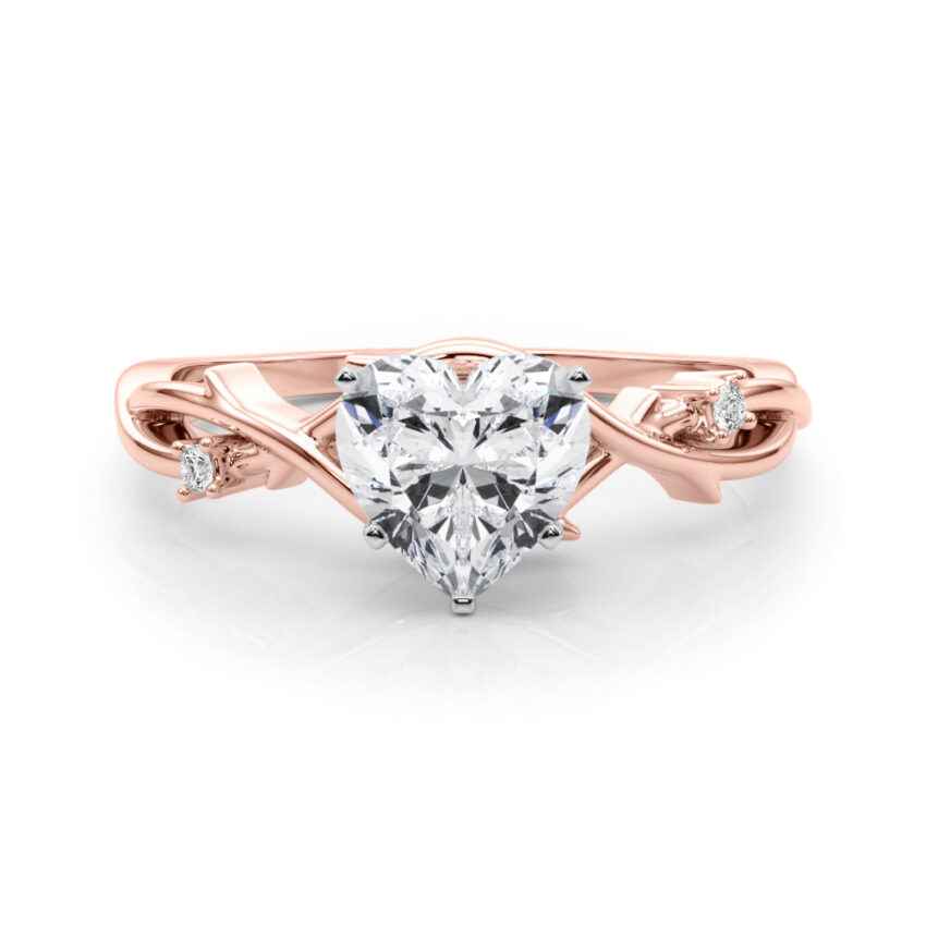 1 carat heart shape three stone twisted moissanite ring in rose gold