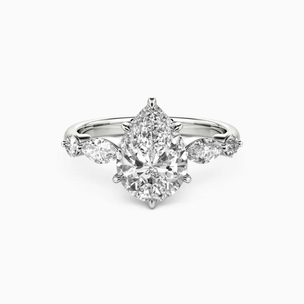 2 carat pear cut moissanite five stone ring in white gold